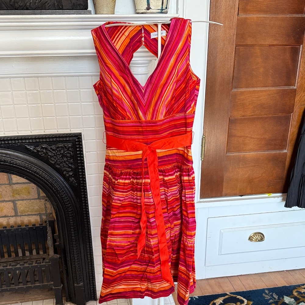 Calvin Klein Red and Orange Striped‎ Midi Dress-never worn